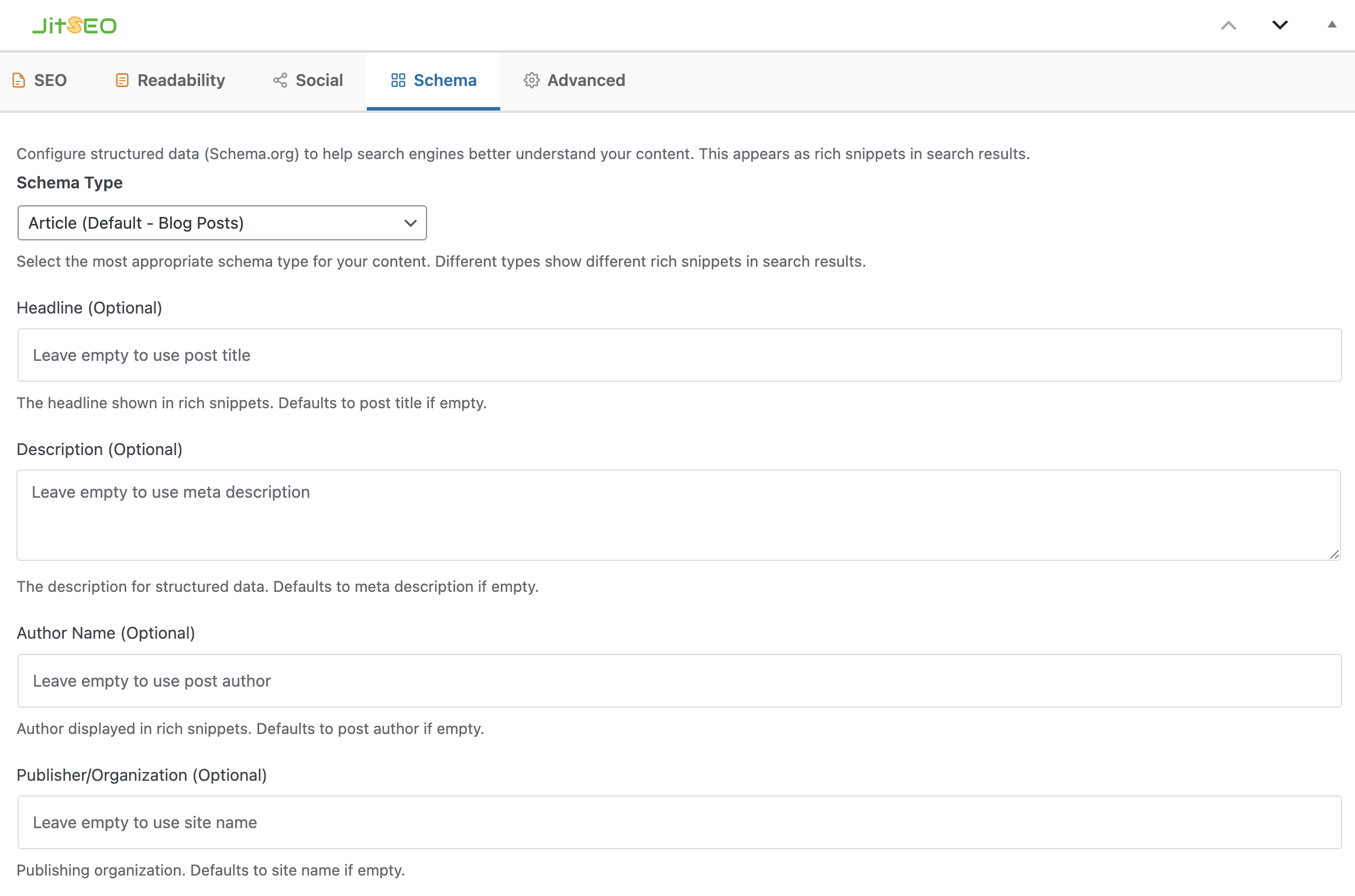 Real screenshot of JitSEO Suite's Schema settings tab